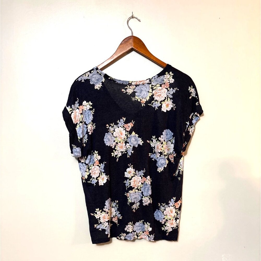 Floral Loft Linen Blend Scoop Neck Short Sleeve Top M - Picture 3 of 5